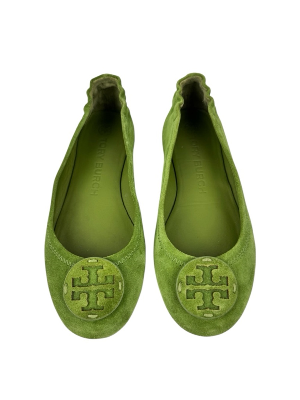 Tory Burch Minnie Travel Ballet Flats Green Suede Tonal Logo Size 7 Leather logo - Picture 4 of 15